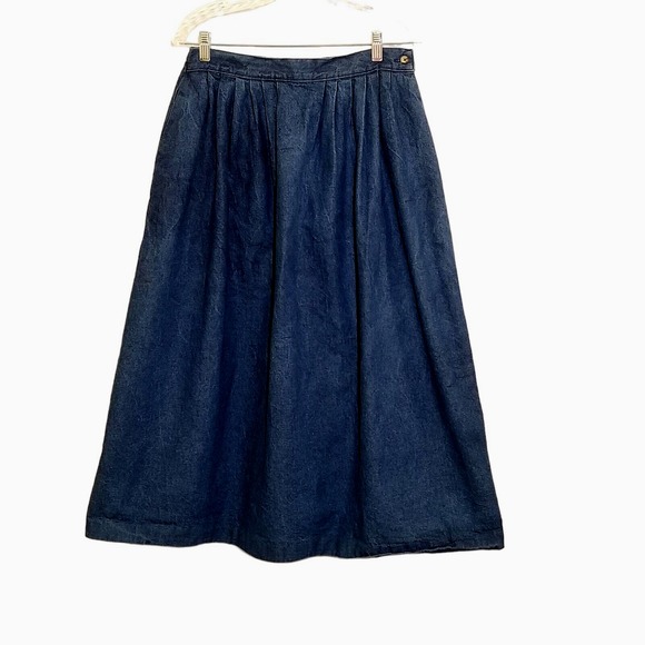 props Dresses & Skirts - Vtg 80s Skirt A-Line Long Dark Wash Denim Mom S Pleats Elastic Pockets Modest